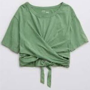 Aerie Green Women's Cropped Back-Tie Tshirt Top